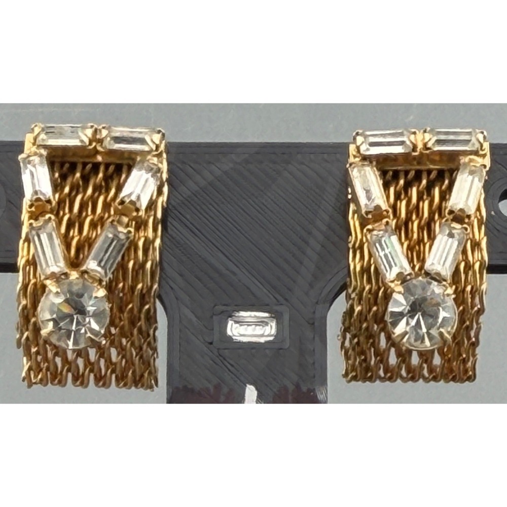 Vintage Hattie Carnegie Earrings Rhinestone Mesh Fringe Clip Signed 7/8"